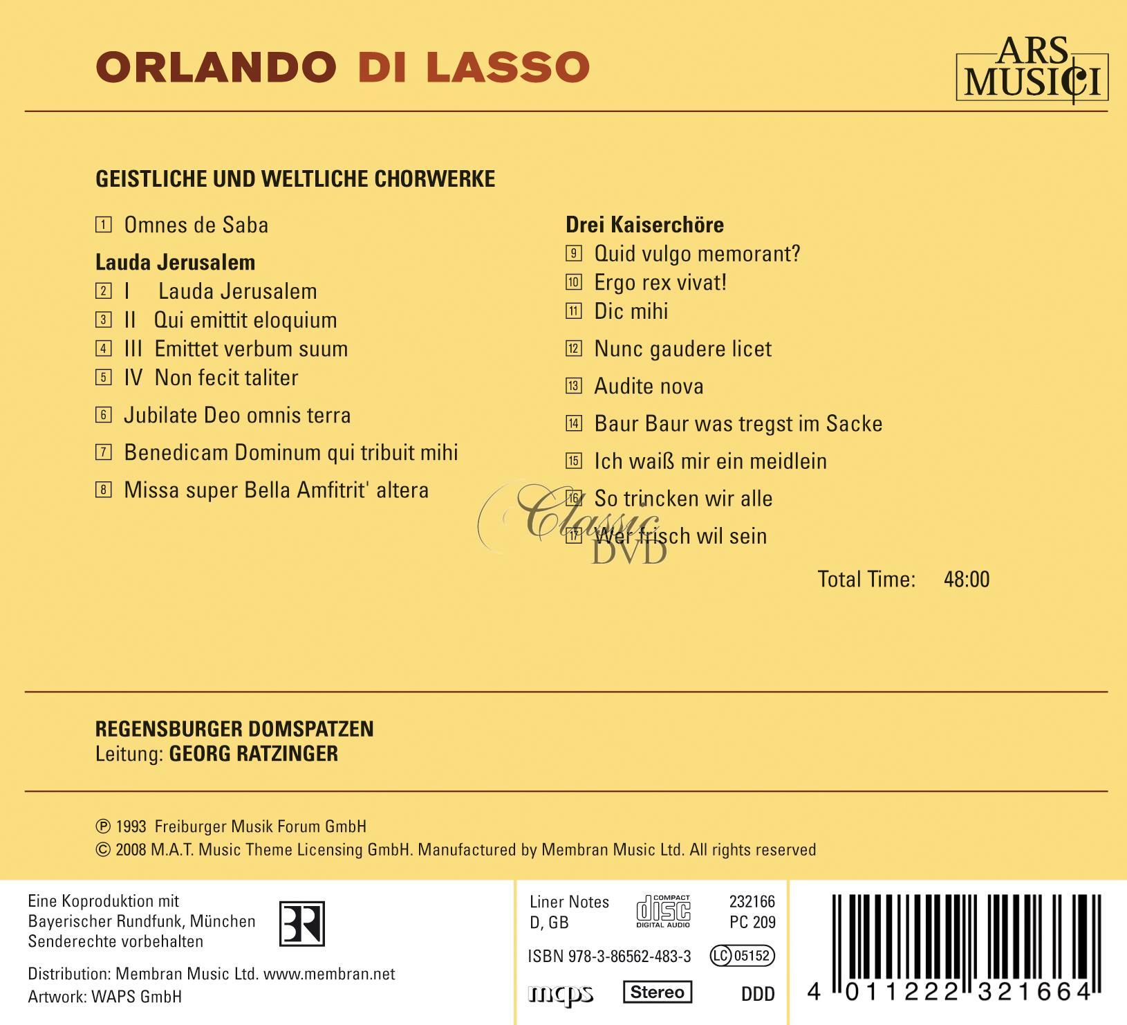 Orlando Di Lasso - Geistliche & Weltliche Chorwerke. Lauda Jerusalem, Drei Kaiserchore (CD)