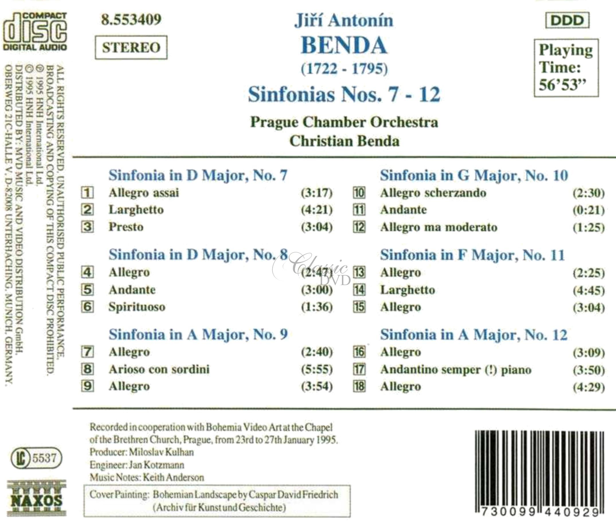 BENDA, J.A.: Sinfonias Nos. 7-12 (CD)