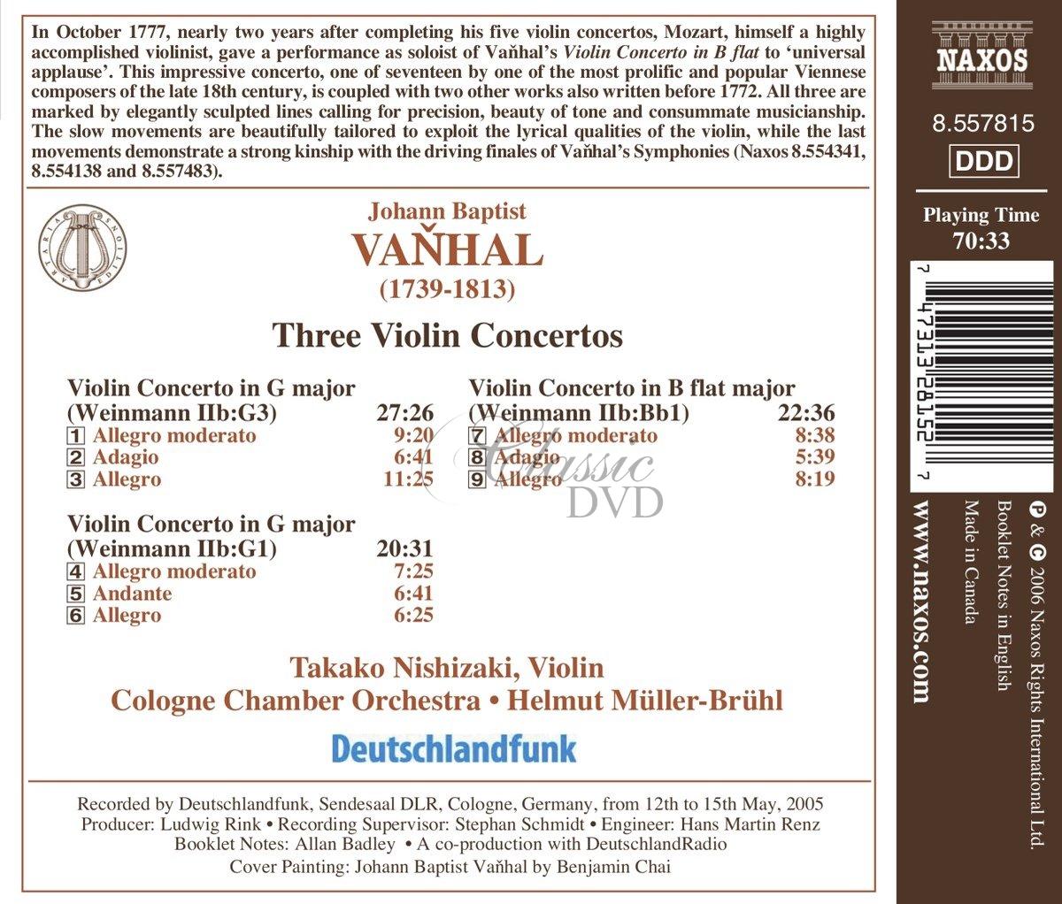 VAŇHAL, J.B.: Violin Concertos in G Major, B-Flat Major, and G Major (CD)