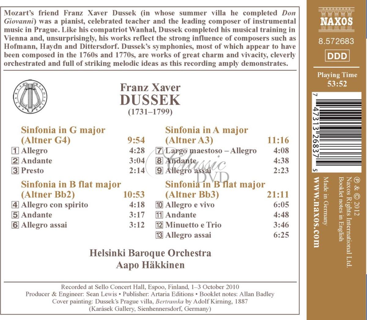 DUSSEK, F.X.: Sinfonias, Altner G4, A3, Bb2, Bb3 (CD)