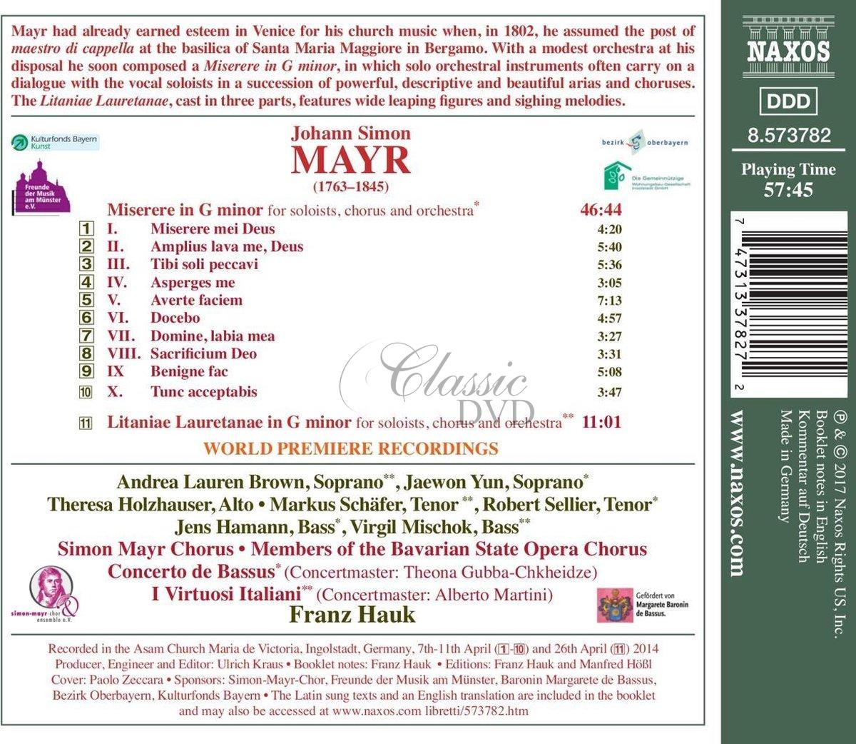 MAYR, J.S.: Miserere in G Minor / Litaniae lauretanae de Beata Virgine Maria in G Minor (CD)