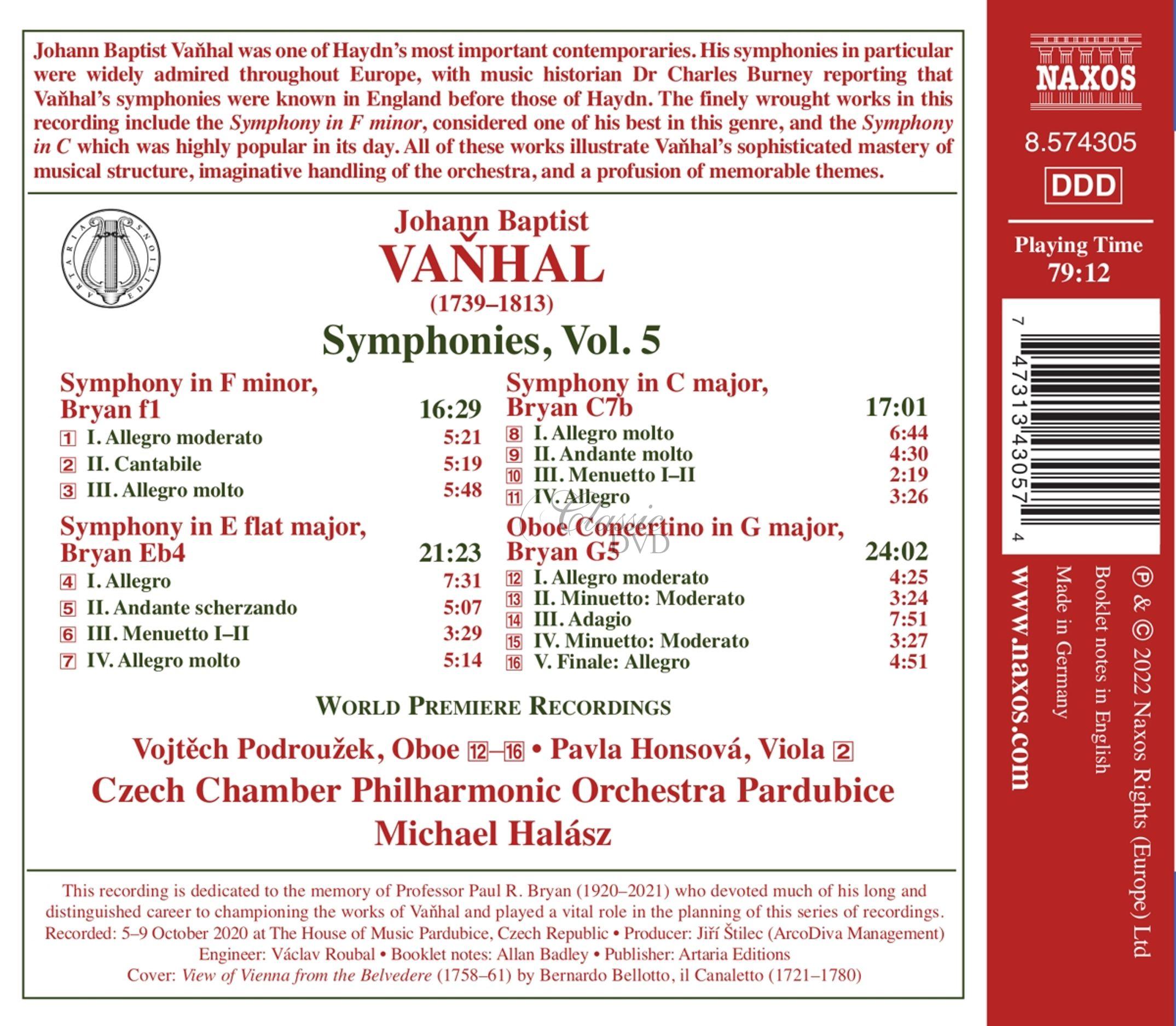 VAŇHAL, J.B.: Symphonies, Vol. 5 – Bryan f1, Eb4, C7b / Oboe Concertino (CD)