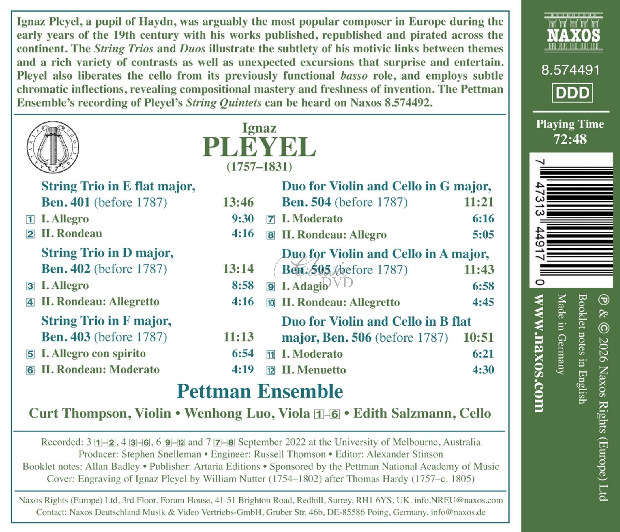 PLEYEL, I.J.: String Trios, Ben. 401-403 / 3 Duos for Violin and Cello, Ben. 504-506 (CD)