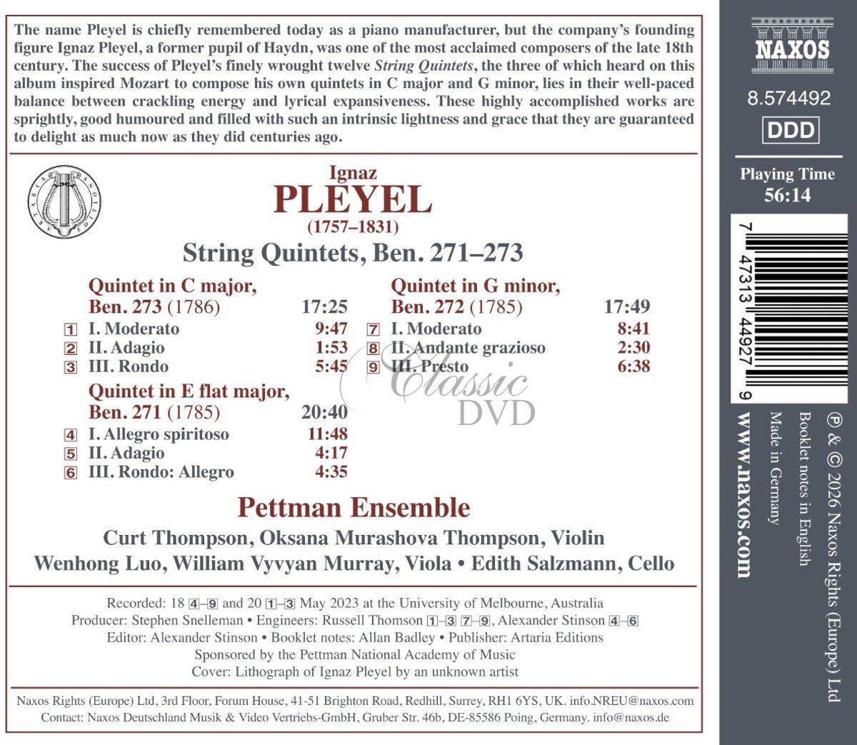 PLEYEL, I.J.: String Quintets, Ben. 271-273 (CD)
