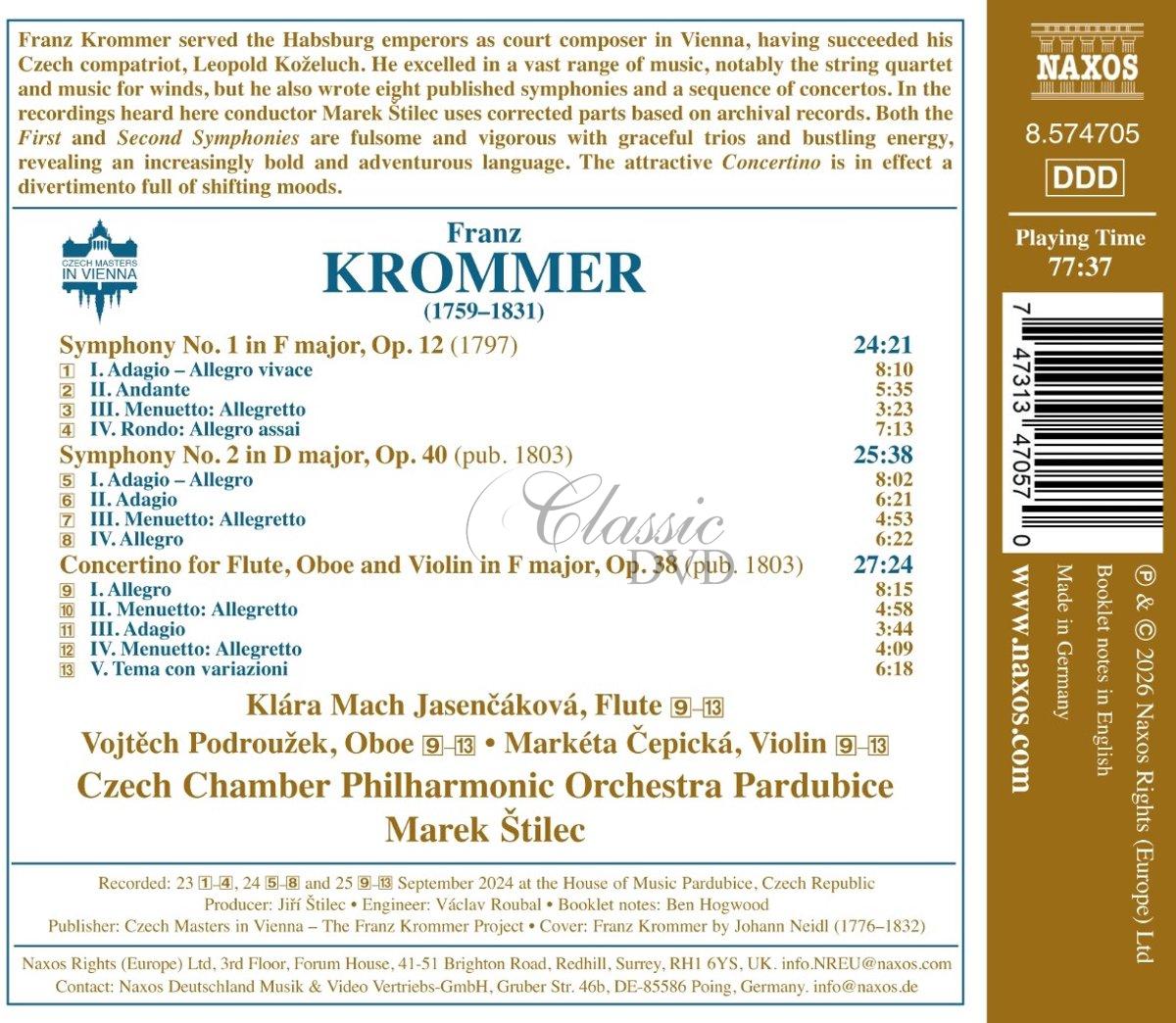 KROMMER, F.: Symphonies Nos. 1 and 2 / Concertino (CD)
