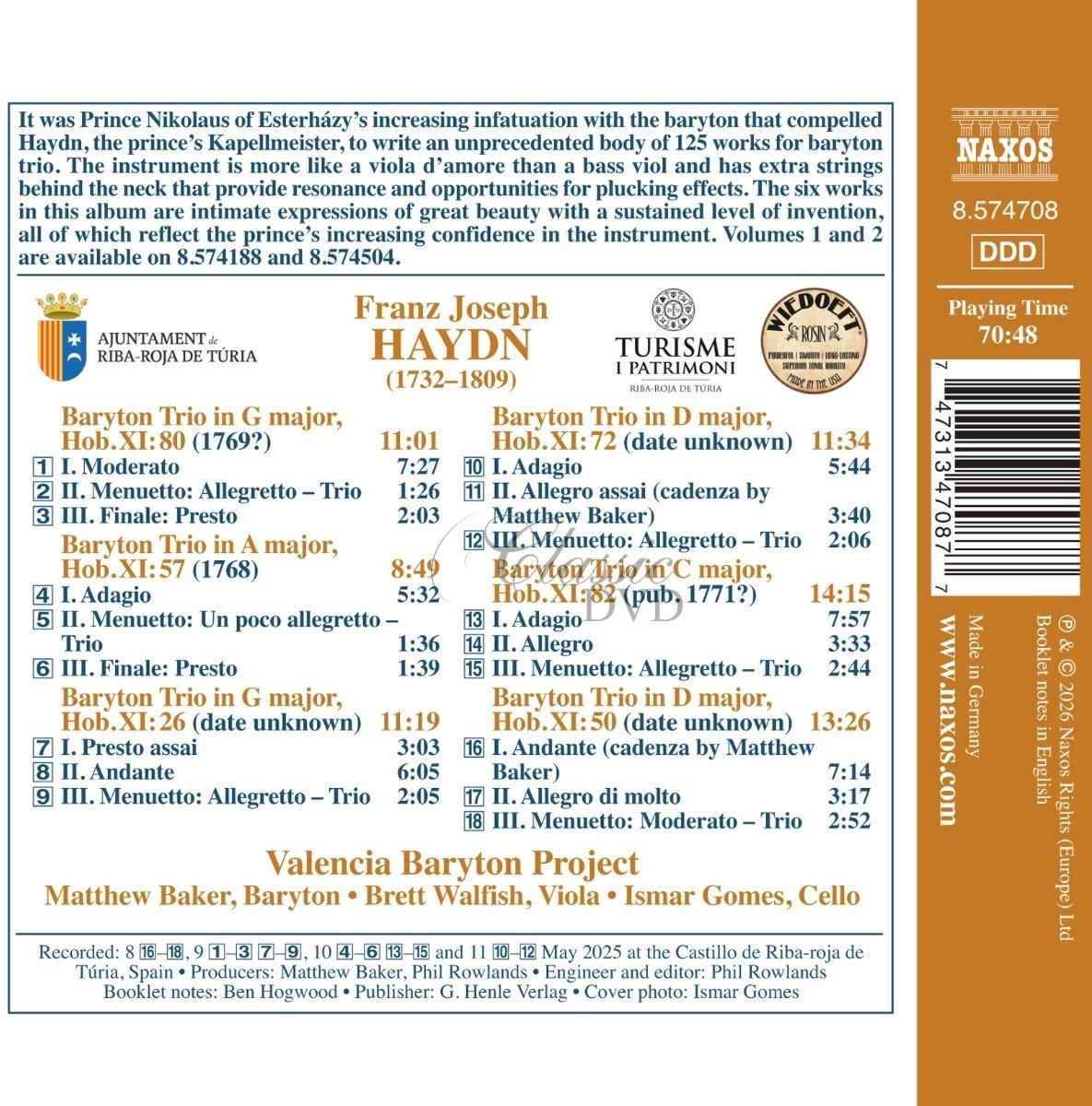 HAYDN, J.: Baryton Trios, Hob.XI:26, 50, 57, 72, 80, 82 (Treasures from the Eszterháza Palace, Vol. 3) (CD)