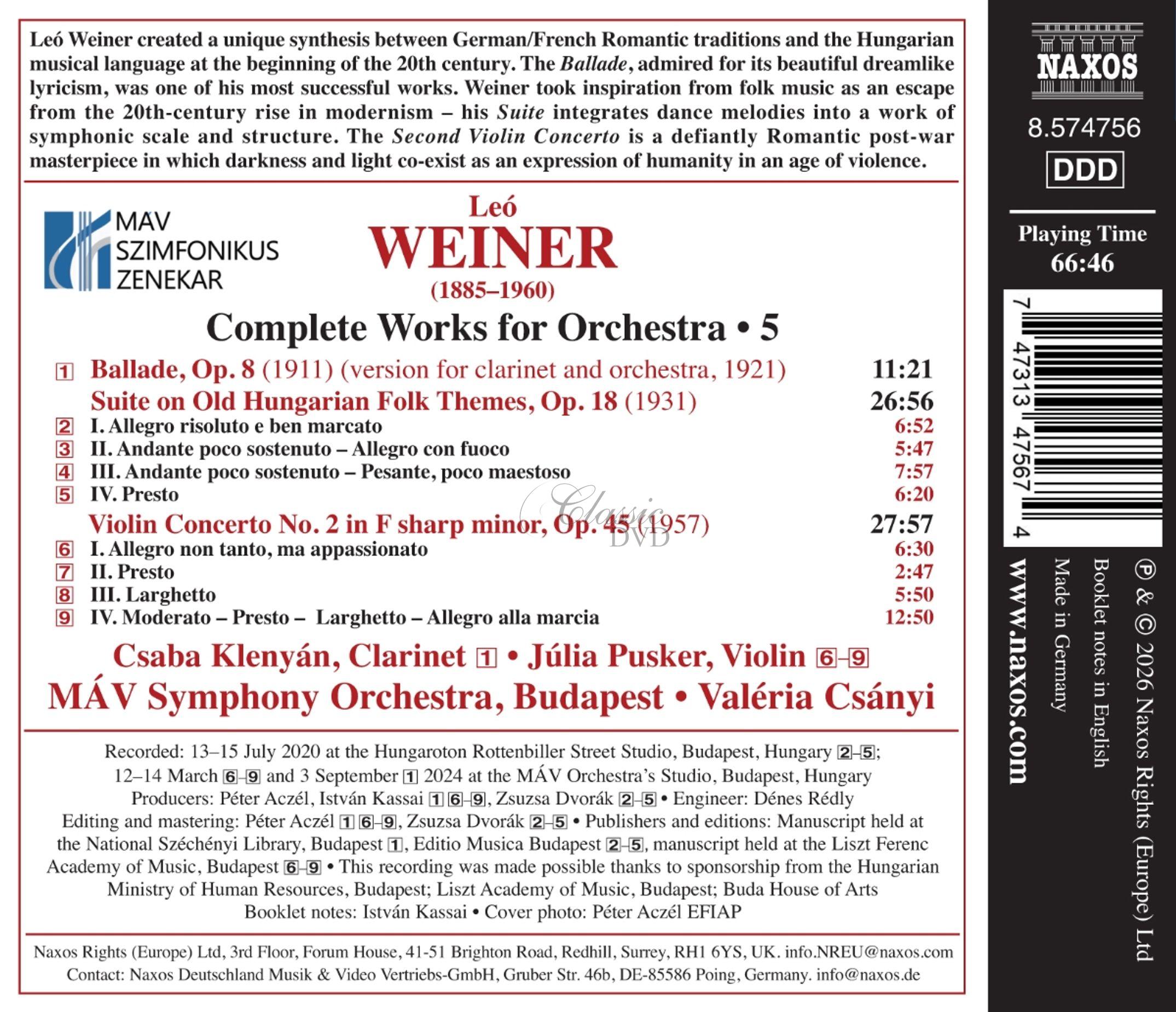 WEINER, L.: Complete Orchestral Works, Vol. 5 – Violin Concerto No. 2 / Ballade / Suite on Old Hungarian Folk Themes (CD)