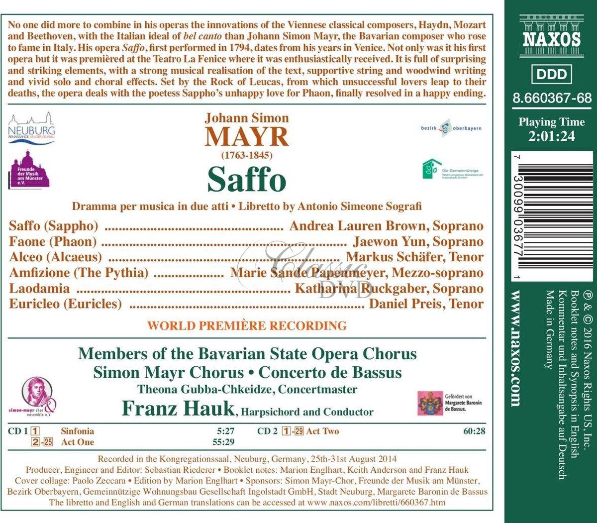 MAYR, J.S.: Saffo – Opera (2CD)