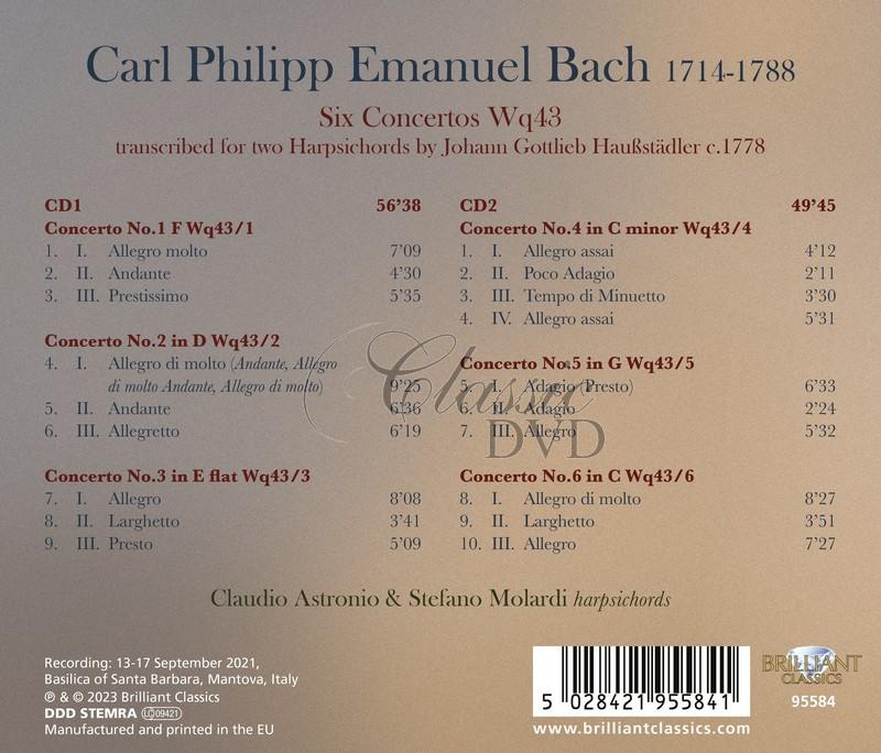 C.P.E Bach: Six Concertos Wq43, transcribed for 2 harpsichords by Johann Gottlieb Hausstädler (2CD)