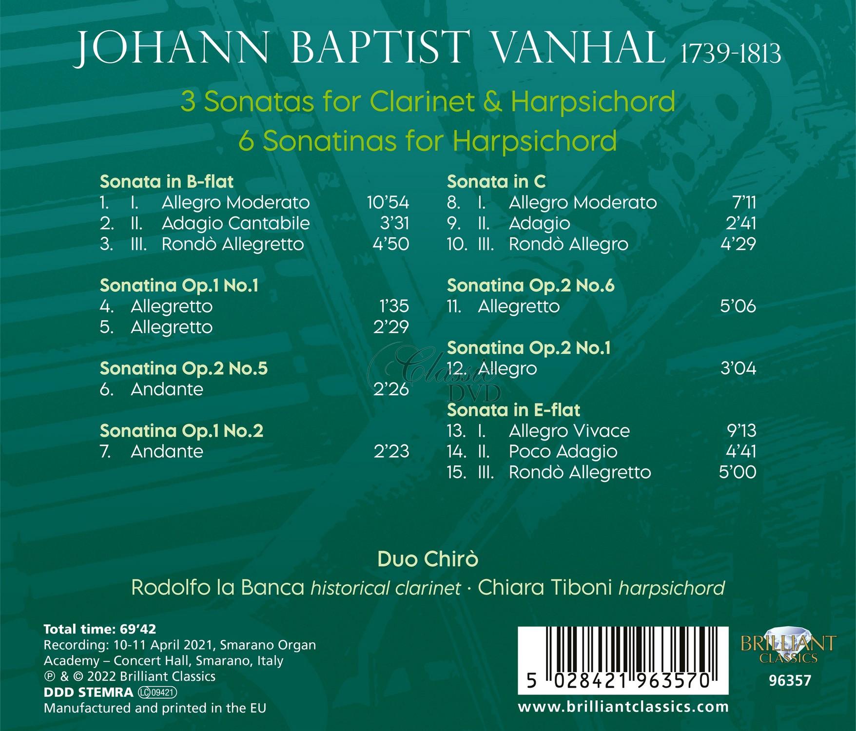 Vanhal: 3 Sonatas for Clarinet & Harpsichord, 6 Sonatinas for Harpsichord (CD)