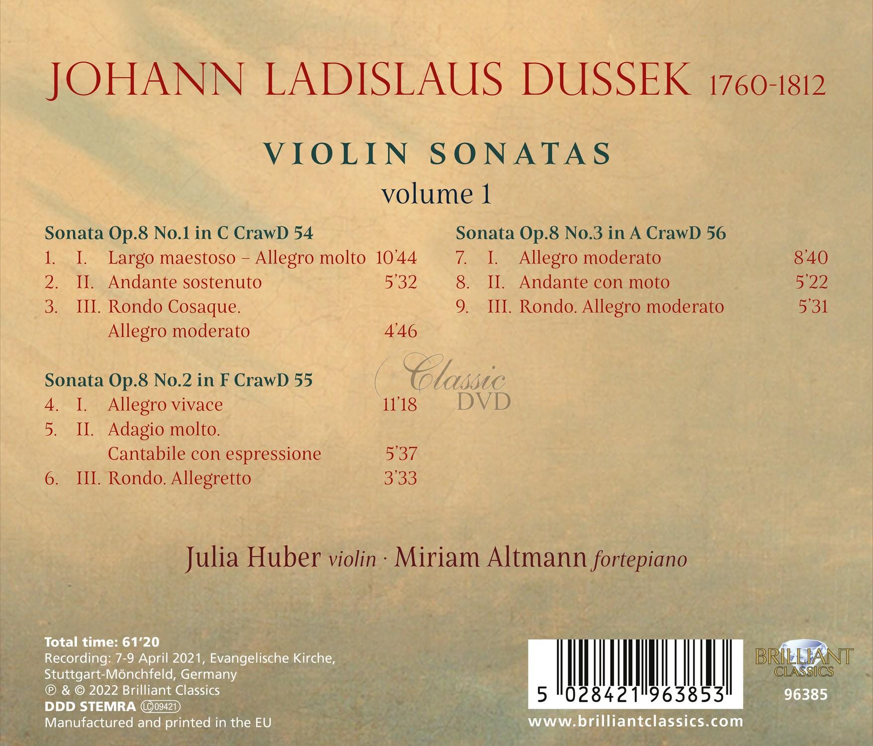 JAN LADISLAV DUSSEK (JAN VÁCLAV DUSÍK) 25 Violin Sonatas, volume 1 (CD)