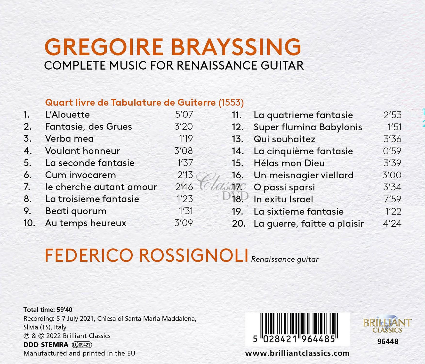 Brayssing: Complete Music for Renaissance Guitar  (CD)