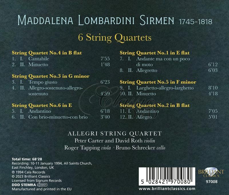 Maddalena Lombardini Sirmen: 6 String Quartets (CD)