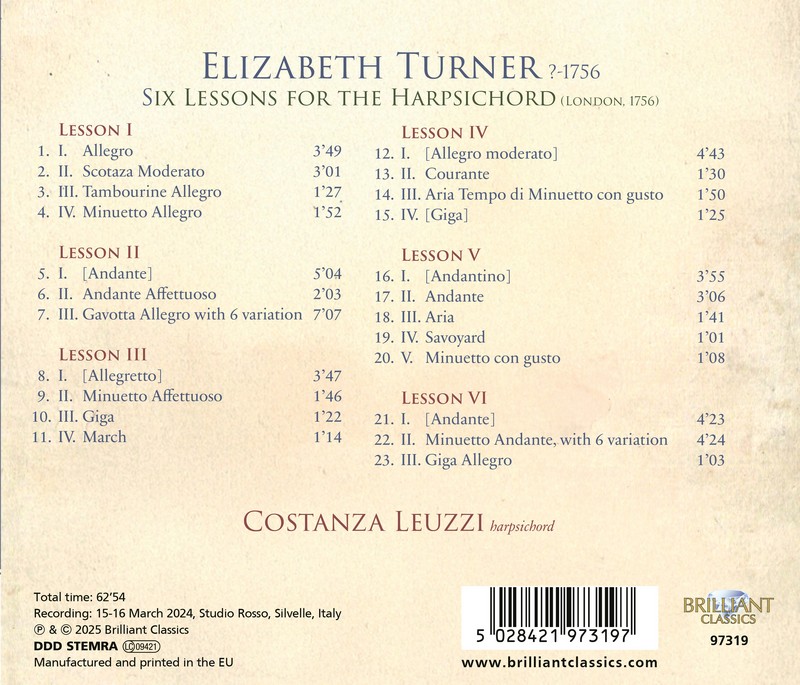 Turner: 6 Lessons for the Harpsichord (London, 1756) (CD)
