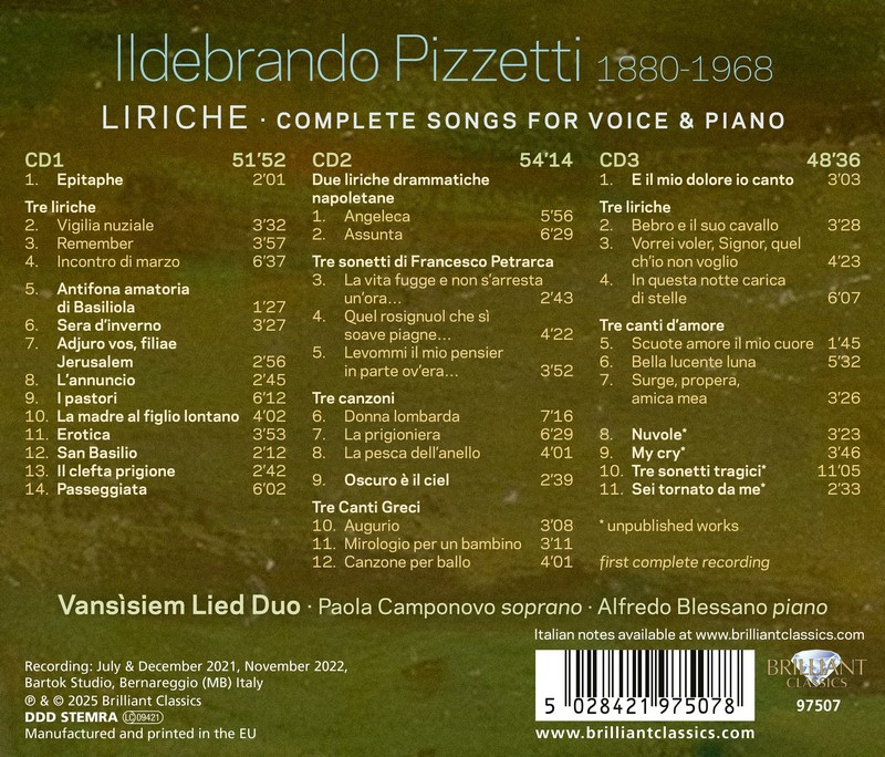 Pizzetti: Liriche, Complete Songs for Voice & Piano (3CD)