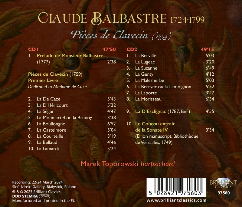 Balbastre: Pièces de Clavecin (1759) (2CD)