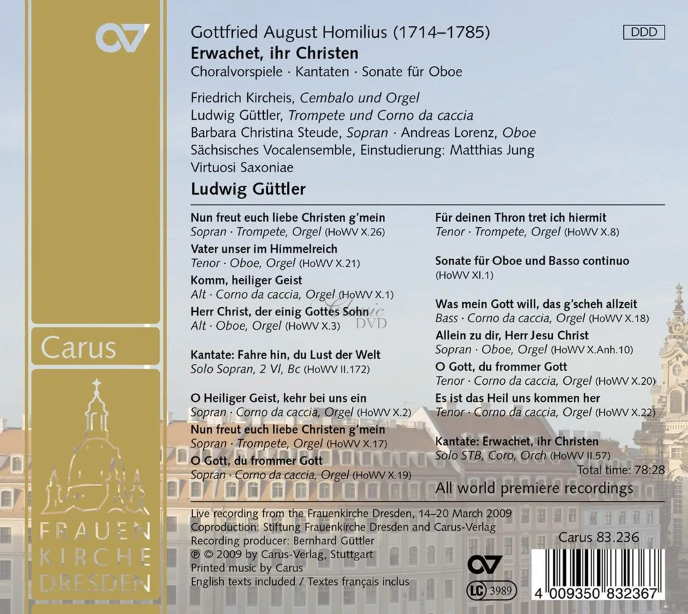 Homilius: Erwachet, ihr Christen. Choralvorspiele, Kantaten und Sonate für Oboe (CD)