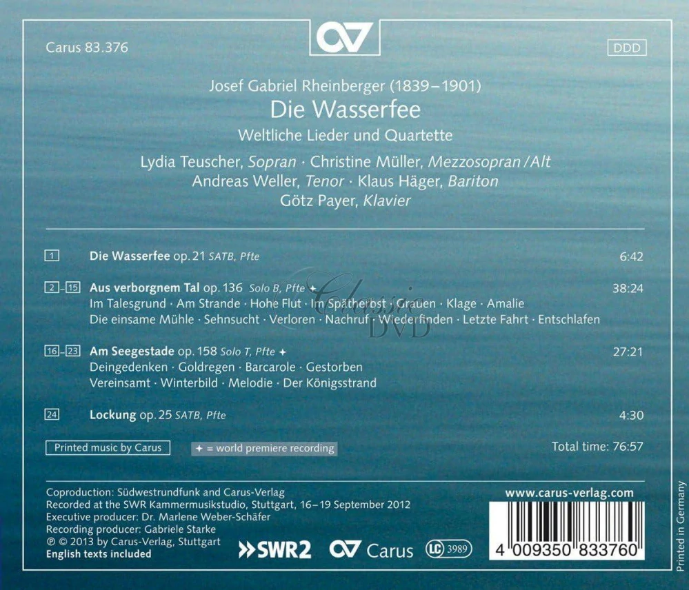 Rheinberger: Die Wasserfee: Secular Songs & Quartets (CD)