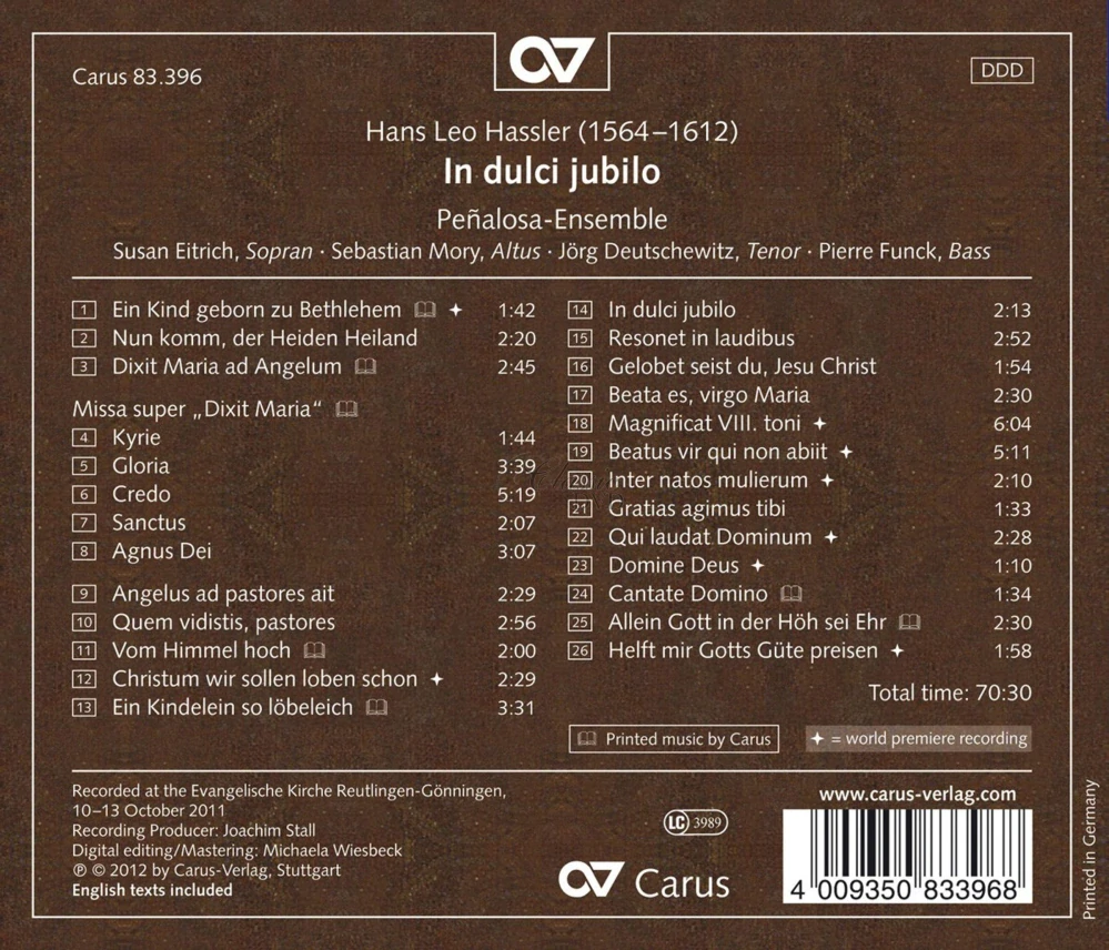 Hans Leo Hassler - IN DULCI JUBILO (CD)