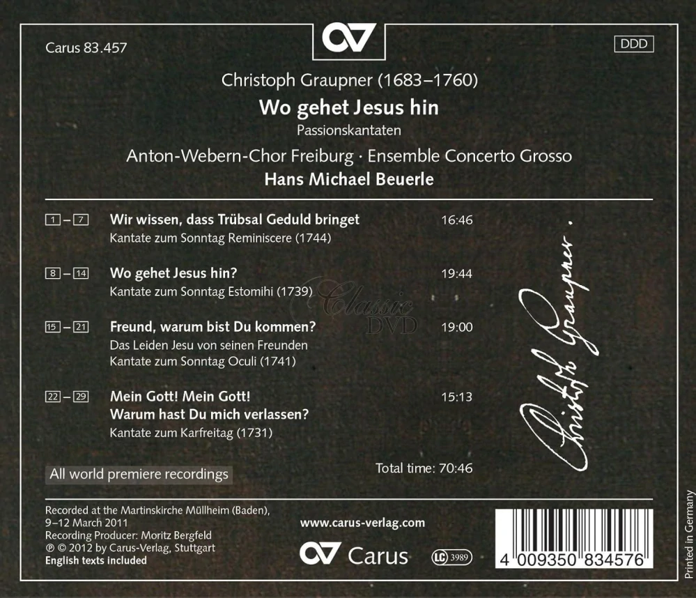 GRAUPNER,C.: Wo gehet Jesu hin - Passion Cantatas (CD)