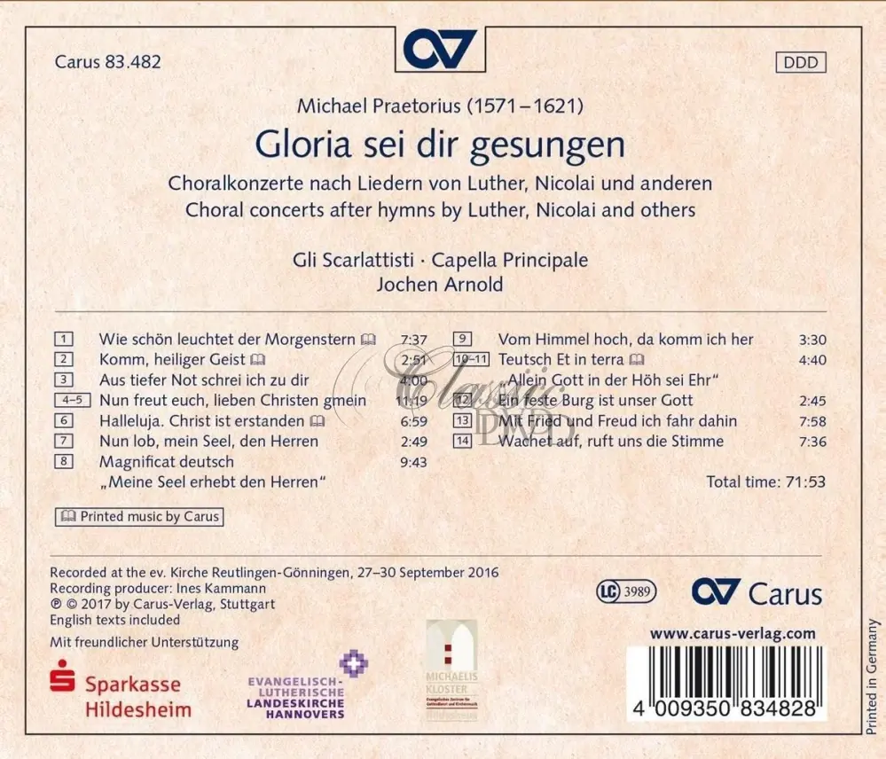 Praetorius, M: Gloria sei dir gesungen - Chorale concerts after hymns by Luther, Nicolai and others (CD)