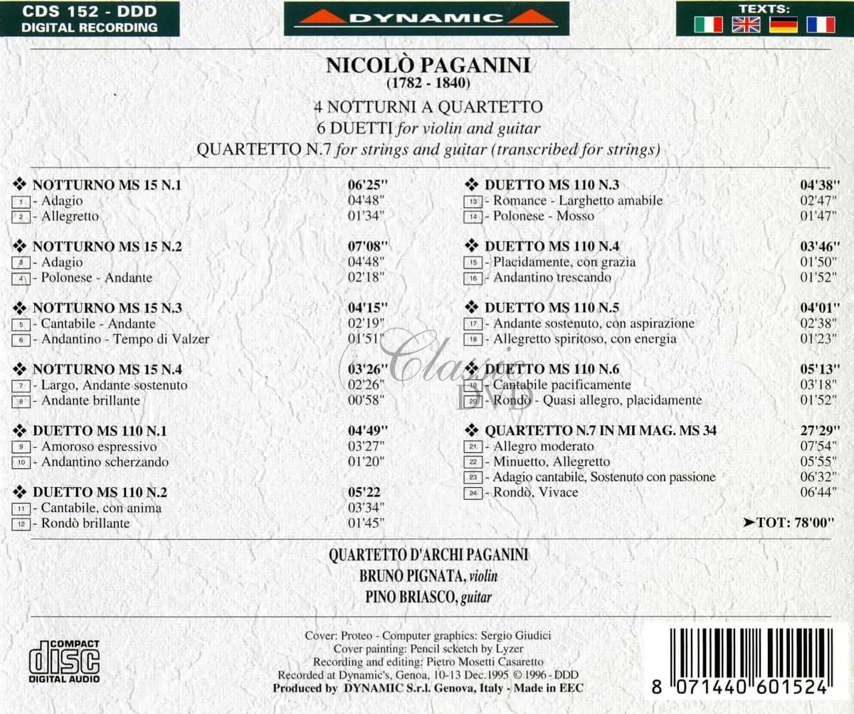 PAGANINI,N.: 4 Notturni a quartetto, 6 Duetti for violin and guitar, Quartetto No.7 (CD)