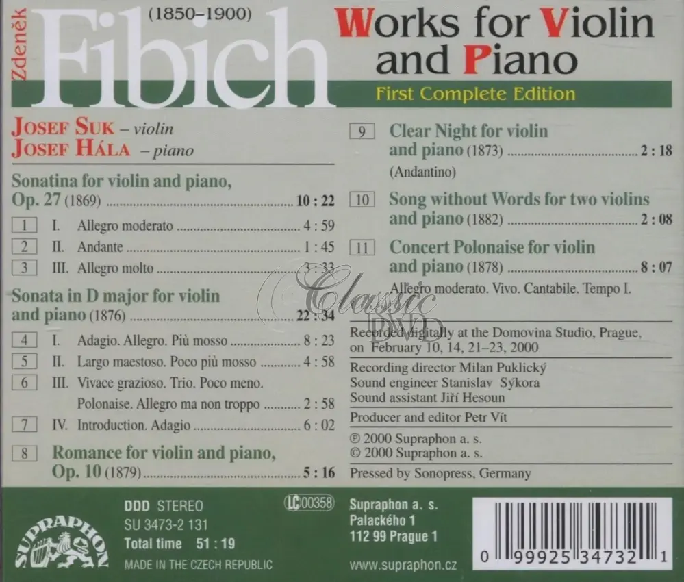 FIBICH,Z.: Skladby pro housle a klavír / Works For Violin And Piano (CD)