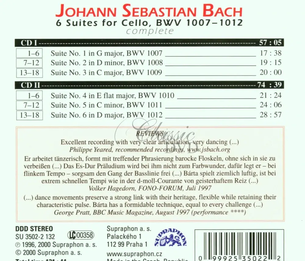 BACH,J.S.: Suity pro sólové violoncello / Cello Suites Nos.1-6 BWV 1007-12 (2CD)