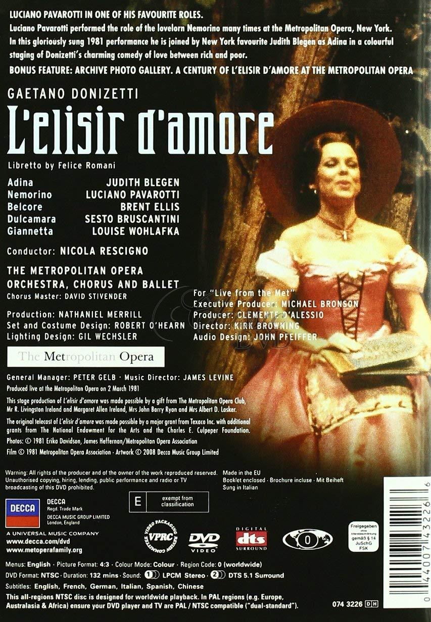 DONIZETTI,G.: L`Elisir D`Amore - Nápoj lásky. Luciano Pavarotti. Metropolitan Opera (DVD)