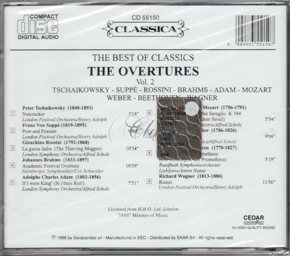 OVERTURES Tchaikovsky Suppe Rossini Brahms Adam Mozart Weber Beethoven Wagner (CD)