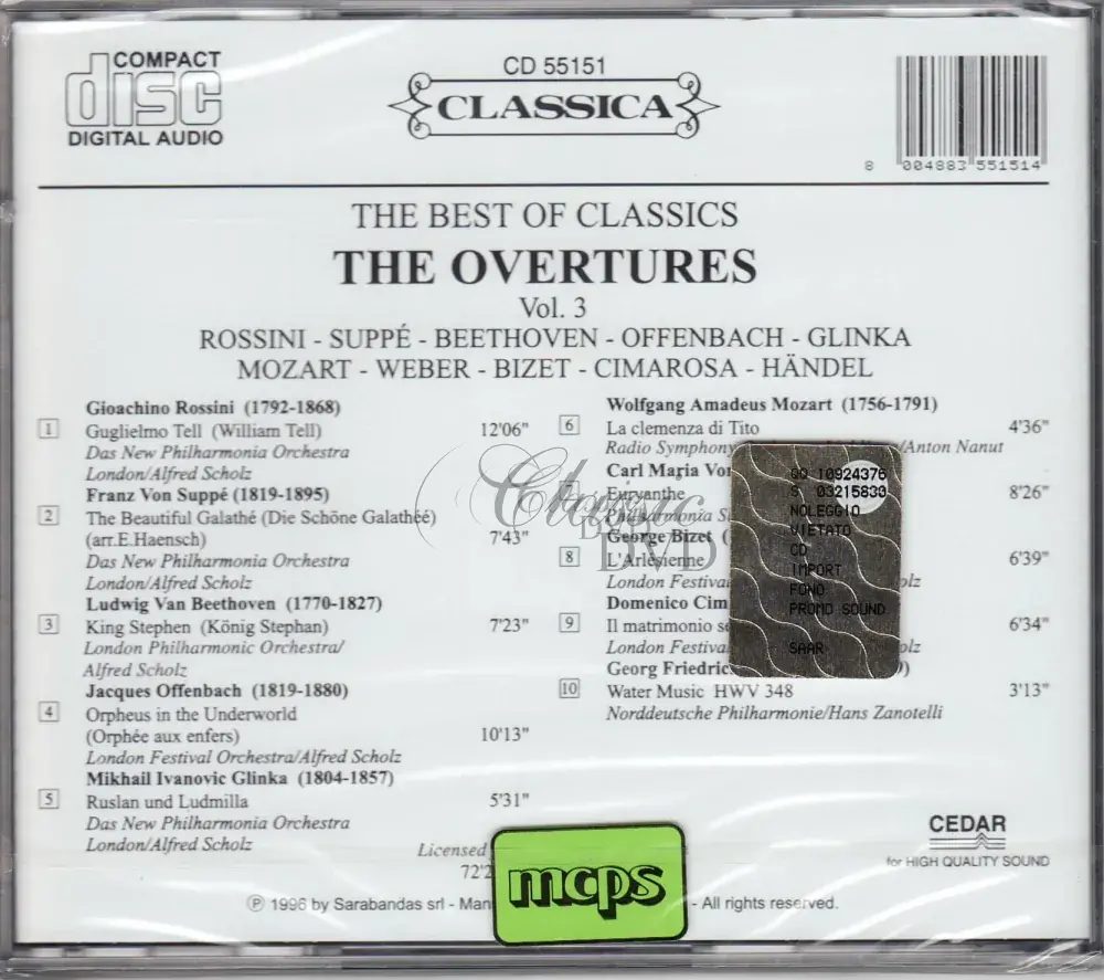 OVERTURES Rossini, Suppe, Beethoven, Glinka, Mozart, Weber, Bizet, Cimarosa, Handel (CD)