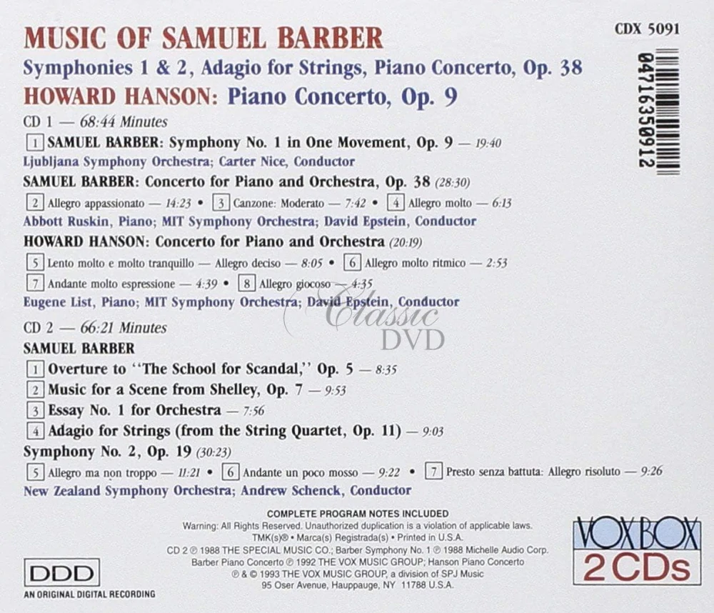 Music of Samuel Barber / Howard Hanson (2CD)