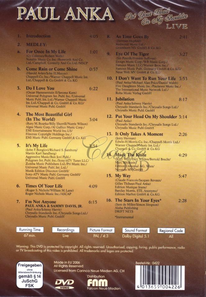 PAUL ANKA: Put Your Head On My Shoulder - Live (DVD)