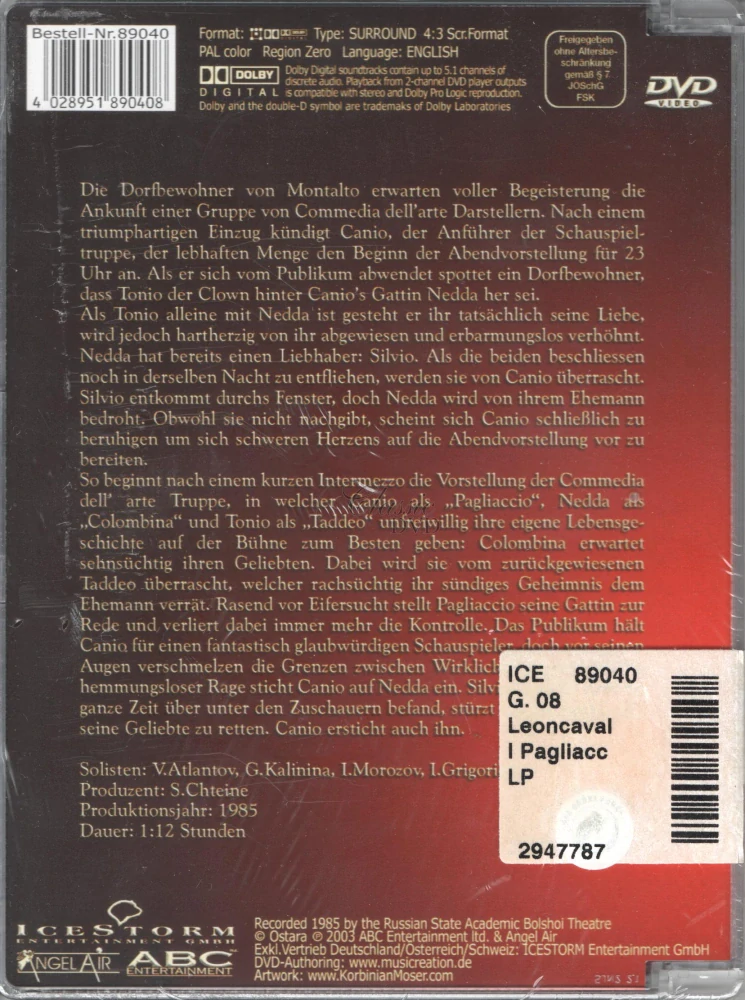 LEONCAVALLO,R.: Pagliacci - Komedianti. Bolshoi (DVD)