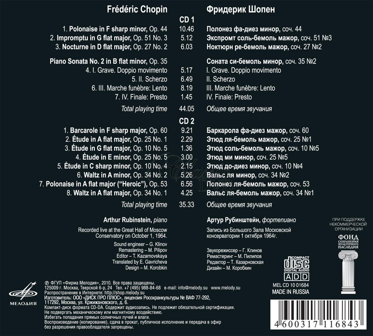 ARTHUR RUBINSTEIN: Plays Frédéric Chopin (2CD)
