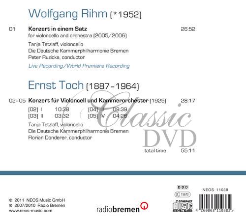 Rihm, Wolfgang / Toch, Ernst - Cello Concertos (Tanja Tetzlaff, cello / Die Deutsche Kammerphilharmonie Bremen) (CD)