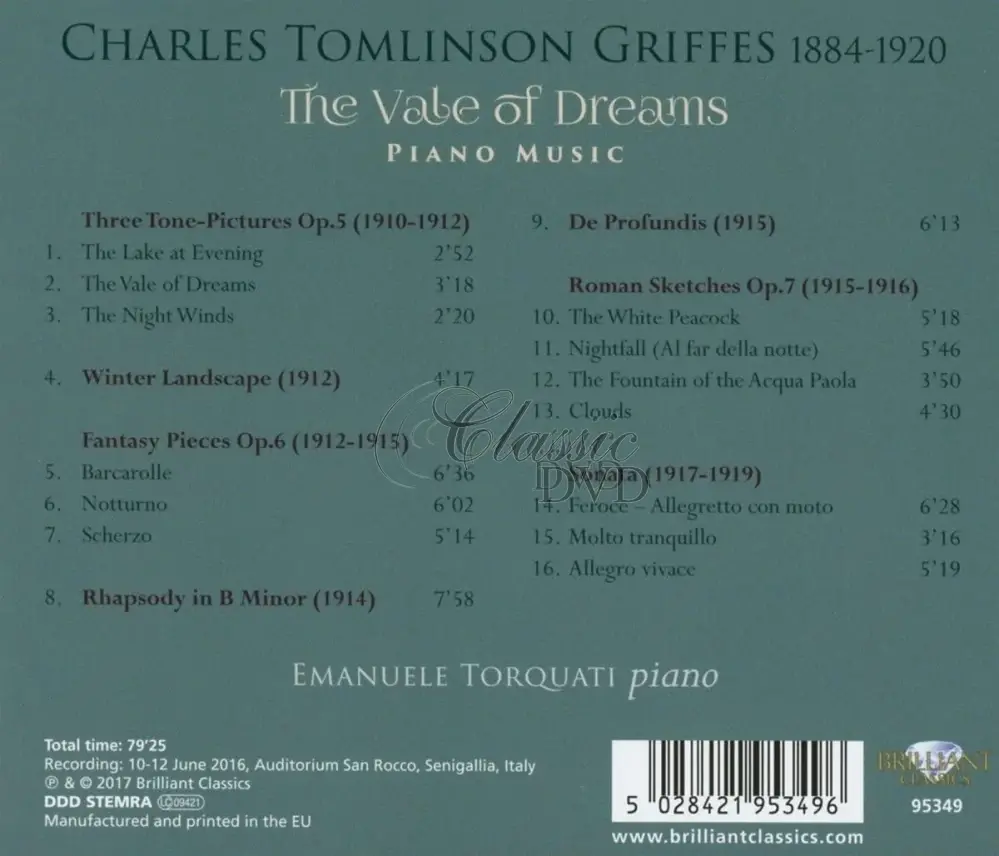CHARLES TOMLINSON GRIFFES: The Vale of Dreams, Piano Music; Emanuele Torquati (CD)
