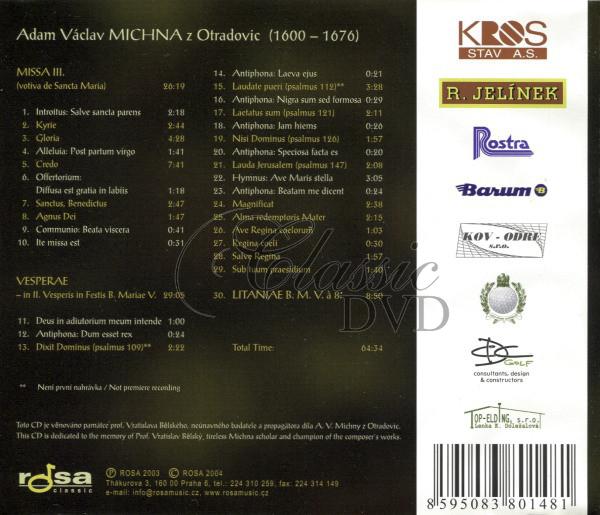 MICHNA: Missa Iii. Vesperae Beatae Mariae Virginis. Litaniae. Schola Gregoriana Pragensis (CD)