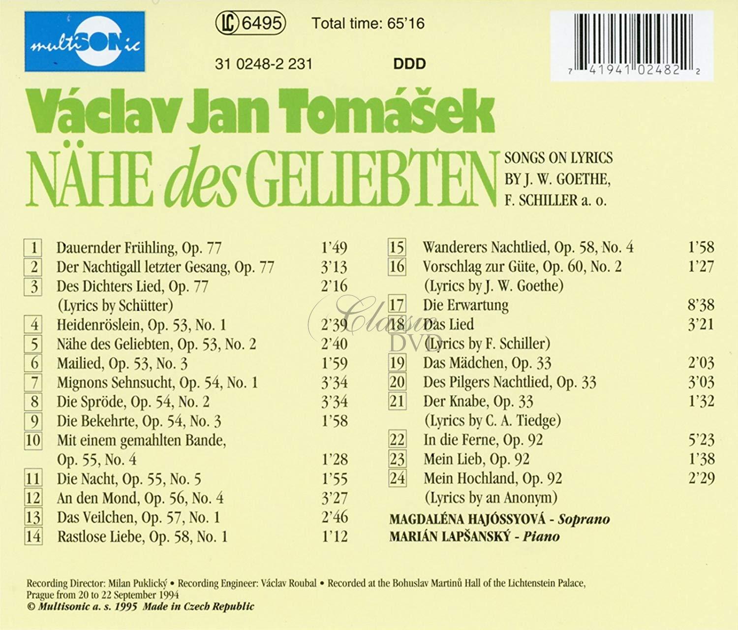 VACLAV JAN TOMASEK: Nahe Des Geliebten. Hajossyova.Lapsansky (CD)