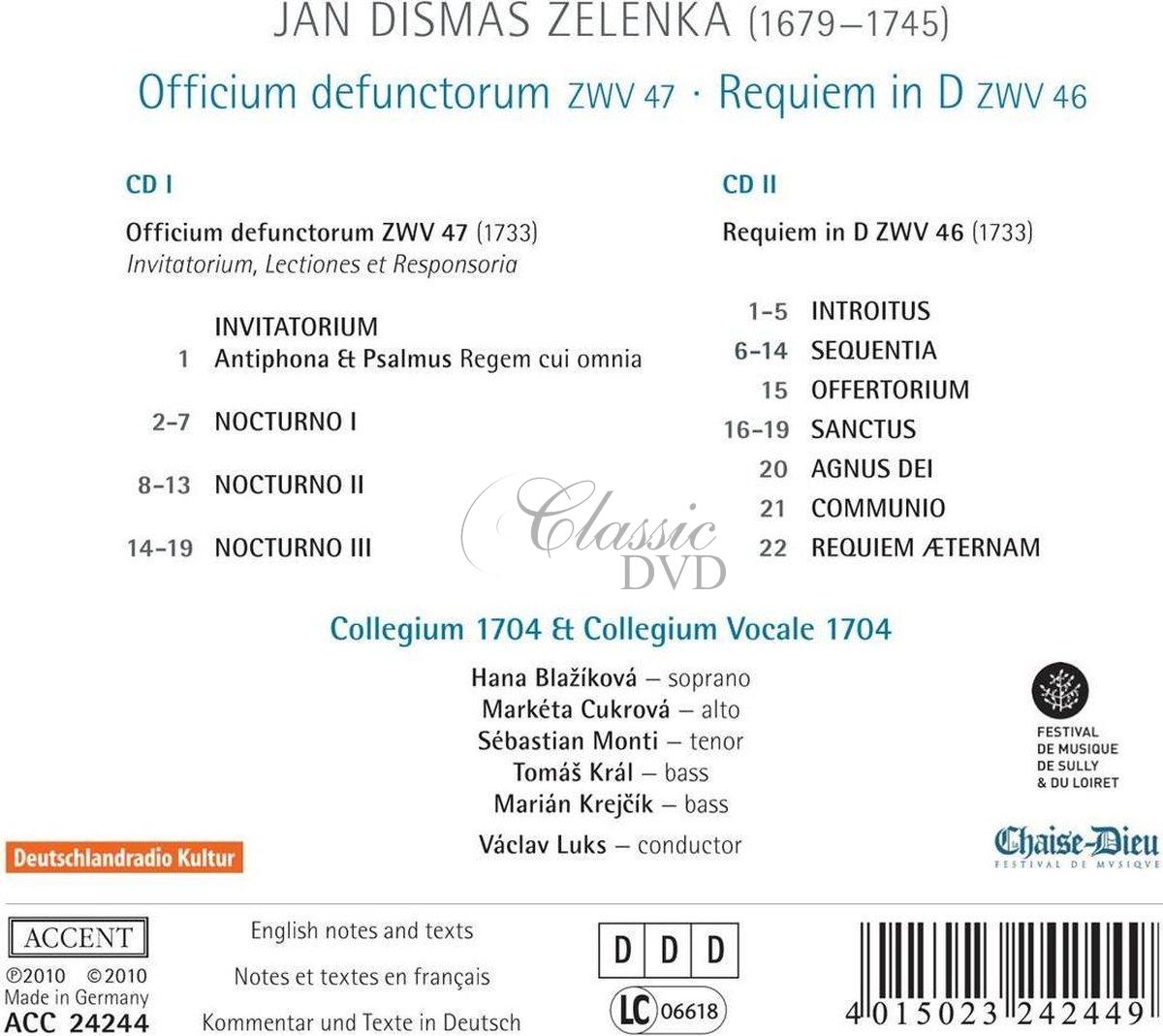 JAN DISMAS ZELENKA Officium defunctorum ZWV 47. Requiem in D ZWV 46 (2CD)