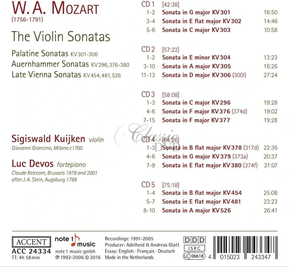 Wolfgang Amadeus Mozart: The Violin Sonatas – Palatine, Auernhammer & Late Vienna Sonatas (5CD)