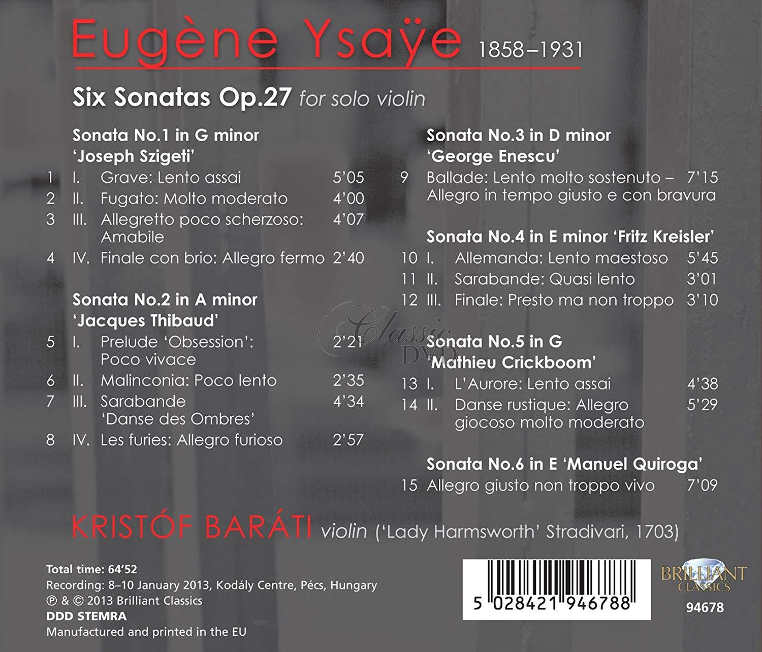 Ysaÿe: Sonatas for Solo Violin. Kristóf Baráti (CD)