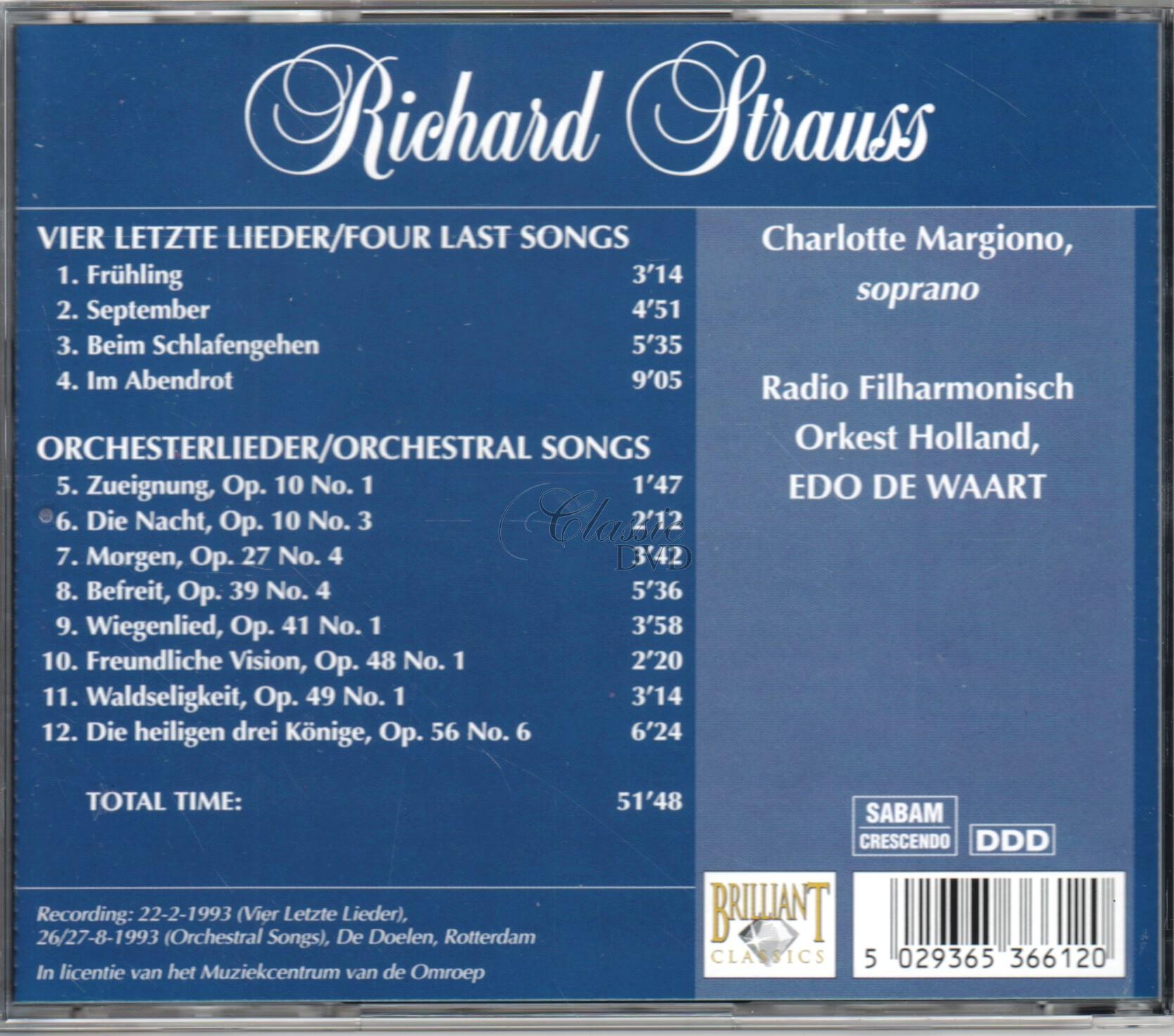 STRAUSS VIER LETZTE LIEDER / FOUR LAST SONGS; Orchesterlieder / Orchestral songs (CD)
