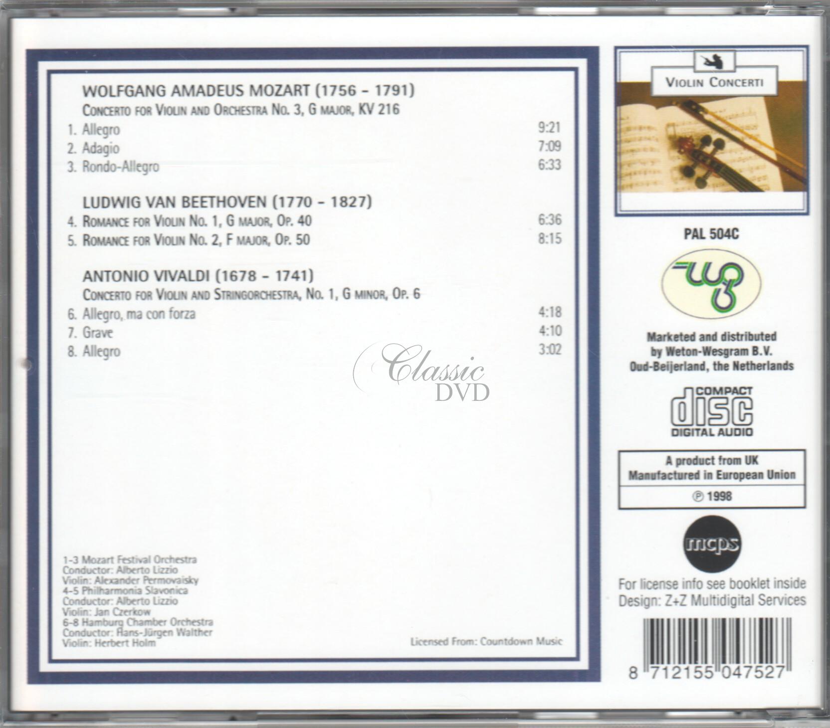 MOZART Violin concerto No.3 / BEETHOVEN Romances / VIVALDI Violin concerto No.1 (CD)