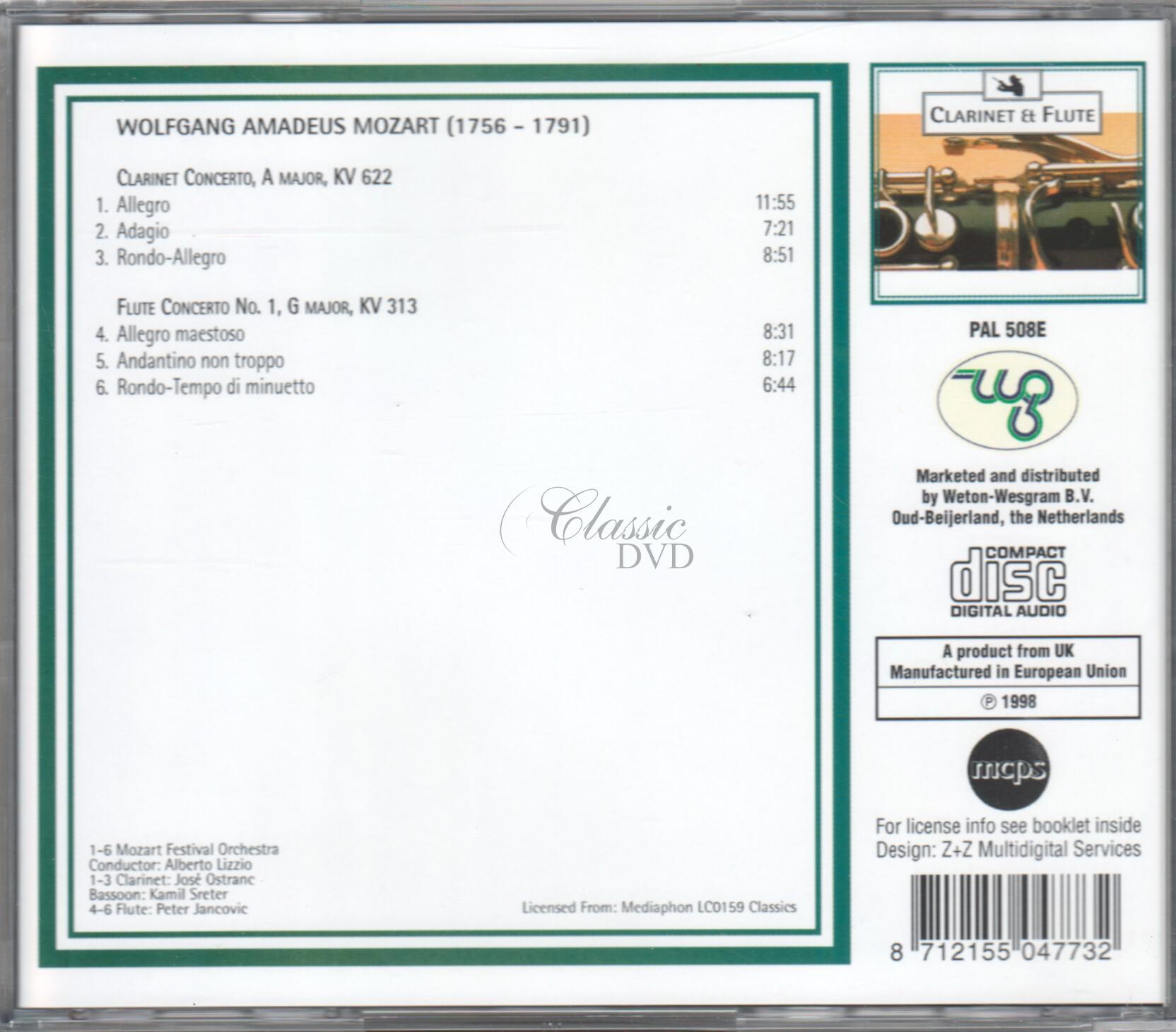 MOZART Clarinet concerto KV622; Flute concerto KV 313 (CD)