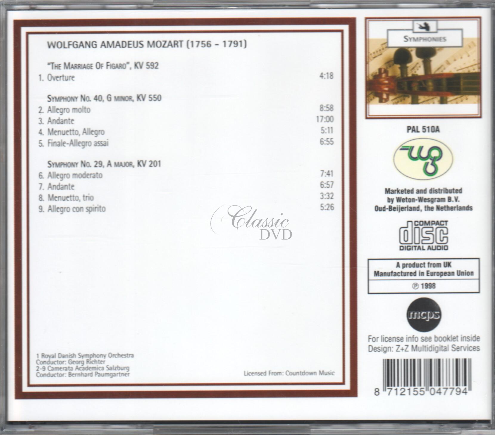 MOZART Overture Marriage of Figaro; Symphony No.40; Symphony No.29 (CD)