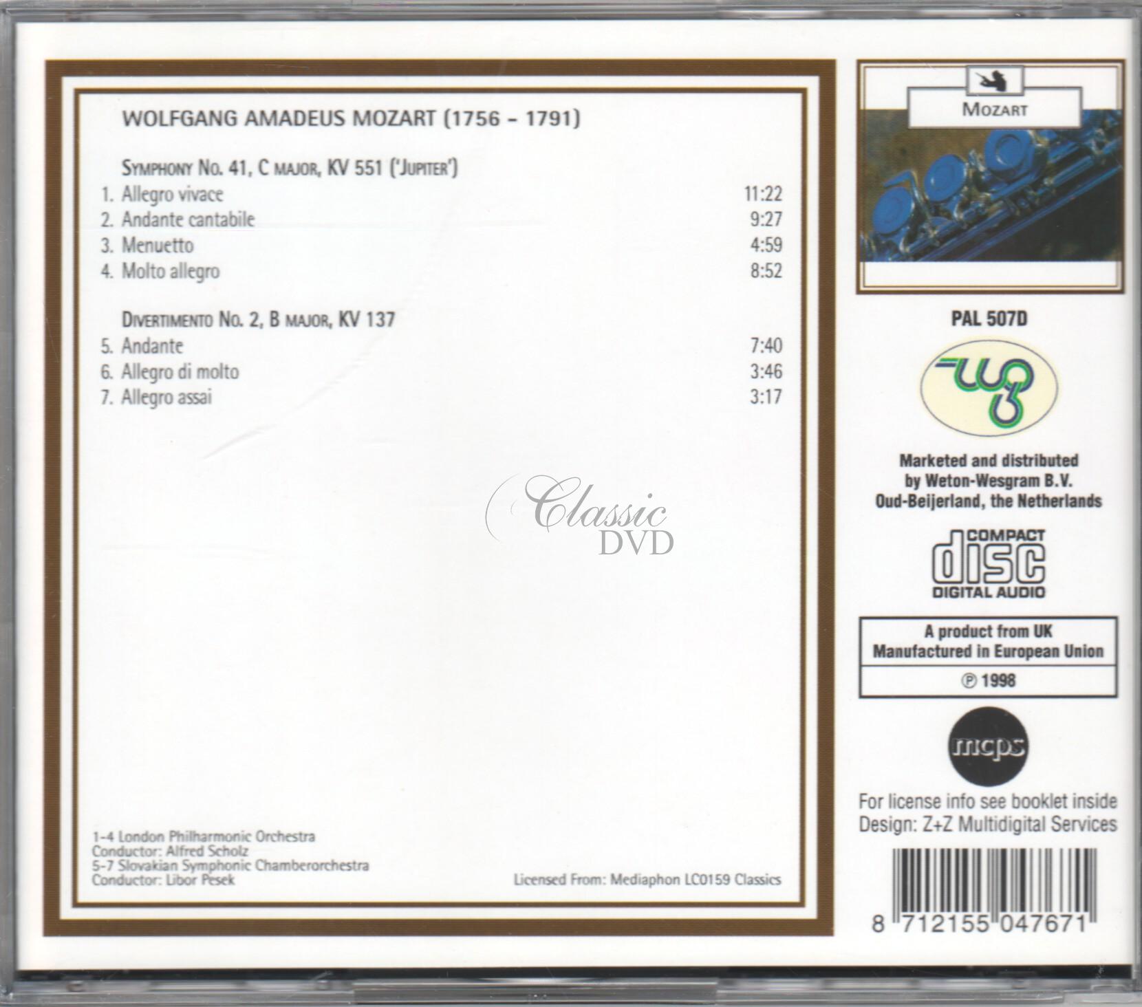 MOZART Symphony No.41 Jupiter KV551; Divertimento No.2 KV137 (CD)