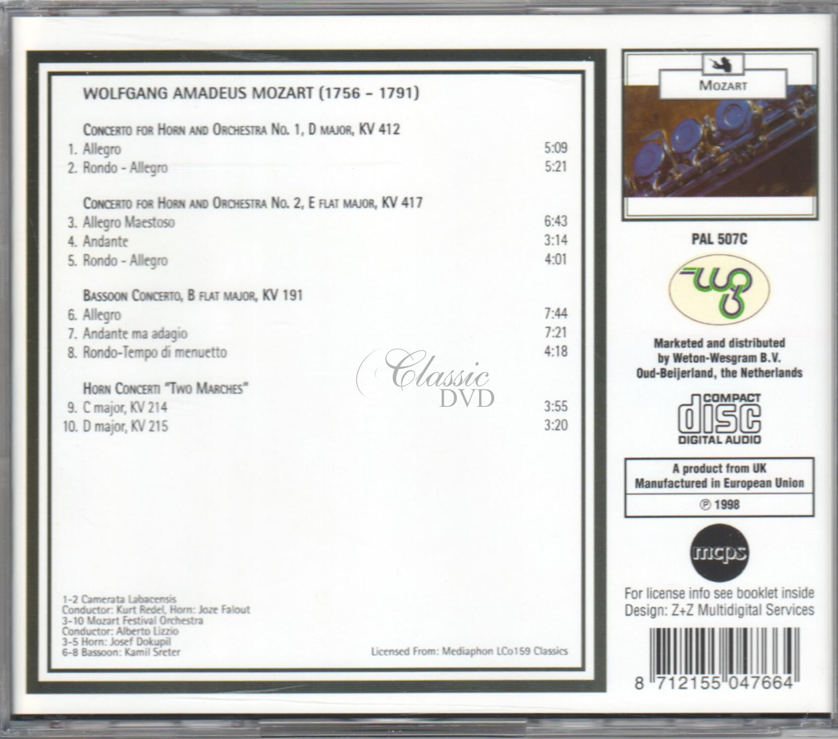 MOZART Concertos for Horn and Orchestra 1,2; Bassoon Concerto; Horn Concerti (CD)