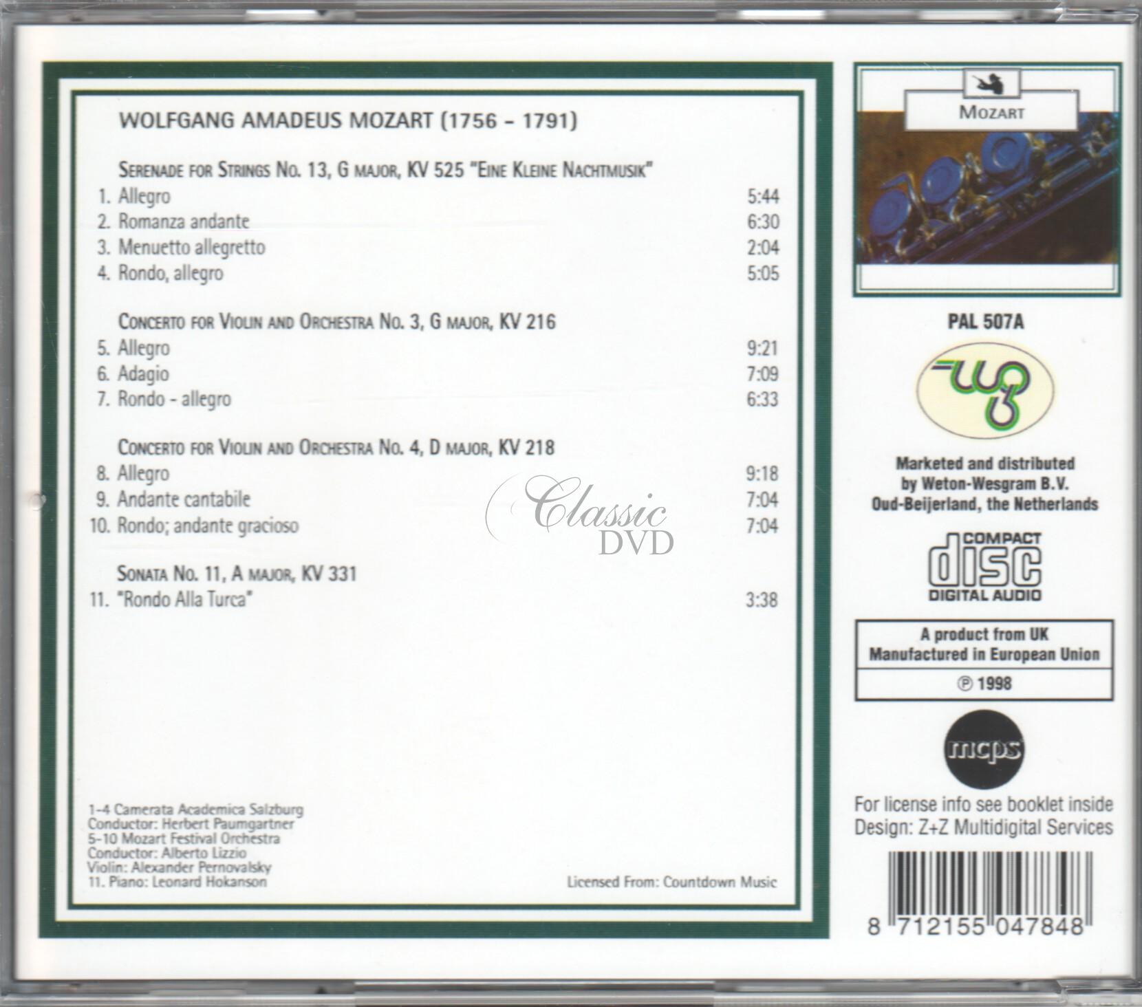 MOZART Eine Kleine Nachtmusik; Violin concertos 3,4; Rondo Alla Turca (CD)