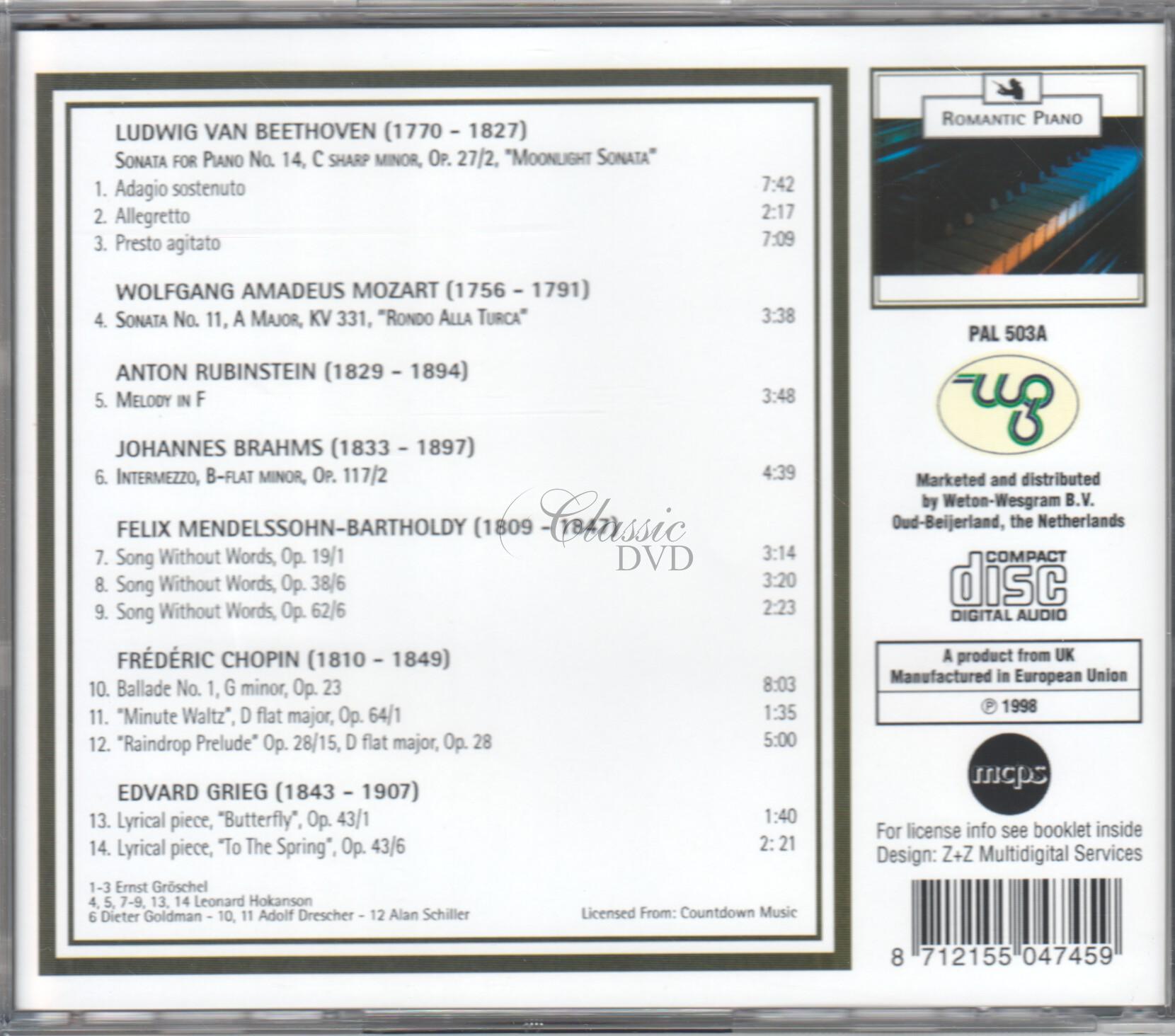 BEETHOVEN Sonata 14 Měsíční / MOZART Sonata 11 / RUBINSTEIN Melody in F / MENDELSSOHN Písně bez slov / CHOPIN Ballade; Minute Waltz; Prelude / GRIEG Lyrical pieces (CD)